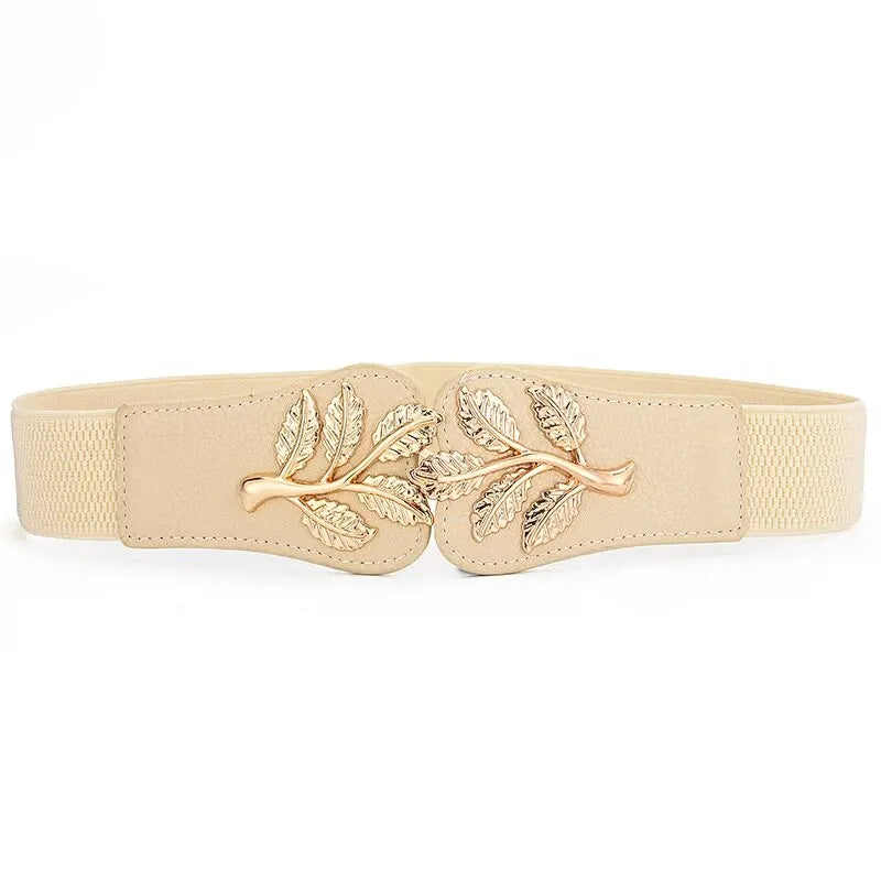 Women's Belt Fashion Waist Cover Golden Leaf Elastic Waist Closure With Double Hook Buckle Wide Belts Paired With Skirt
