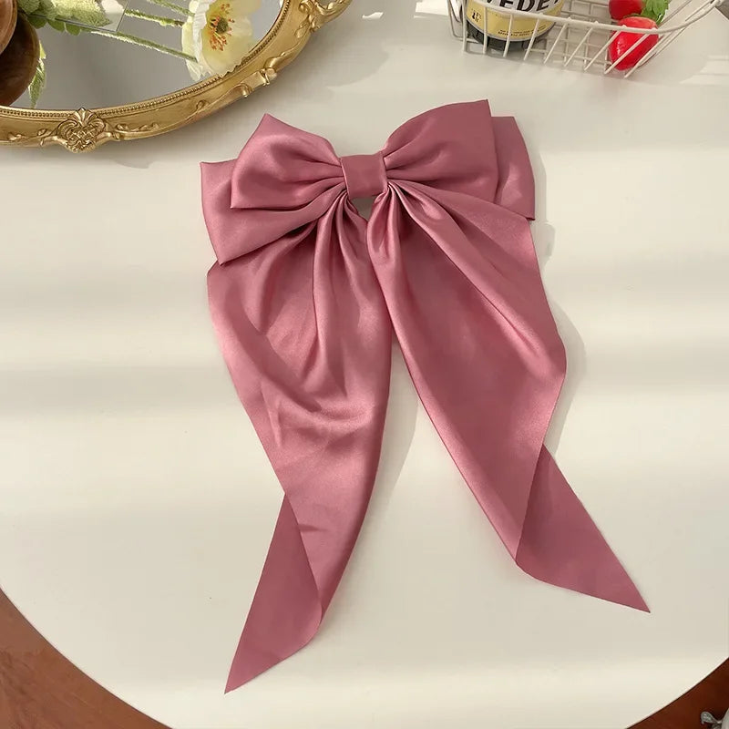Hair Clips for Women  Big Bowknot Solid Satin Long Ribbon Bows Spring Clamp Barrette