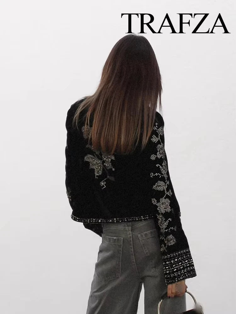 Women's Vintage Velvet Embroidered Jackets For Casual Long Sleeves Hidden Button Round Neck Elegant Outerwear