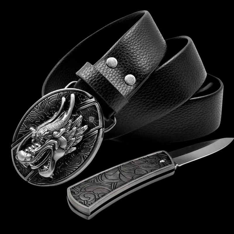 Adult Carved Invisible Knife Buckle Waist Belt Adjustable Personality Genuine Waist Belt