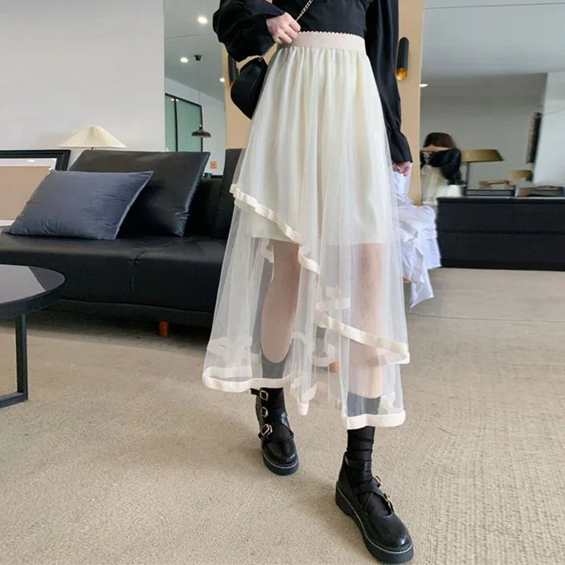 Mesh  A Line Midi Skirt Gothic