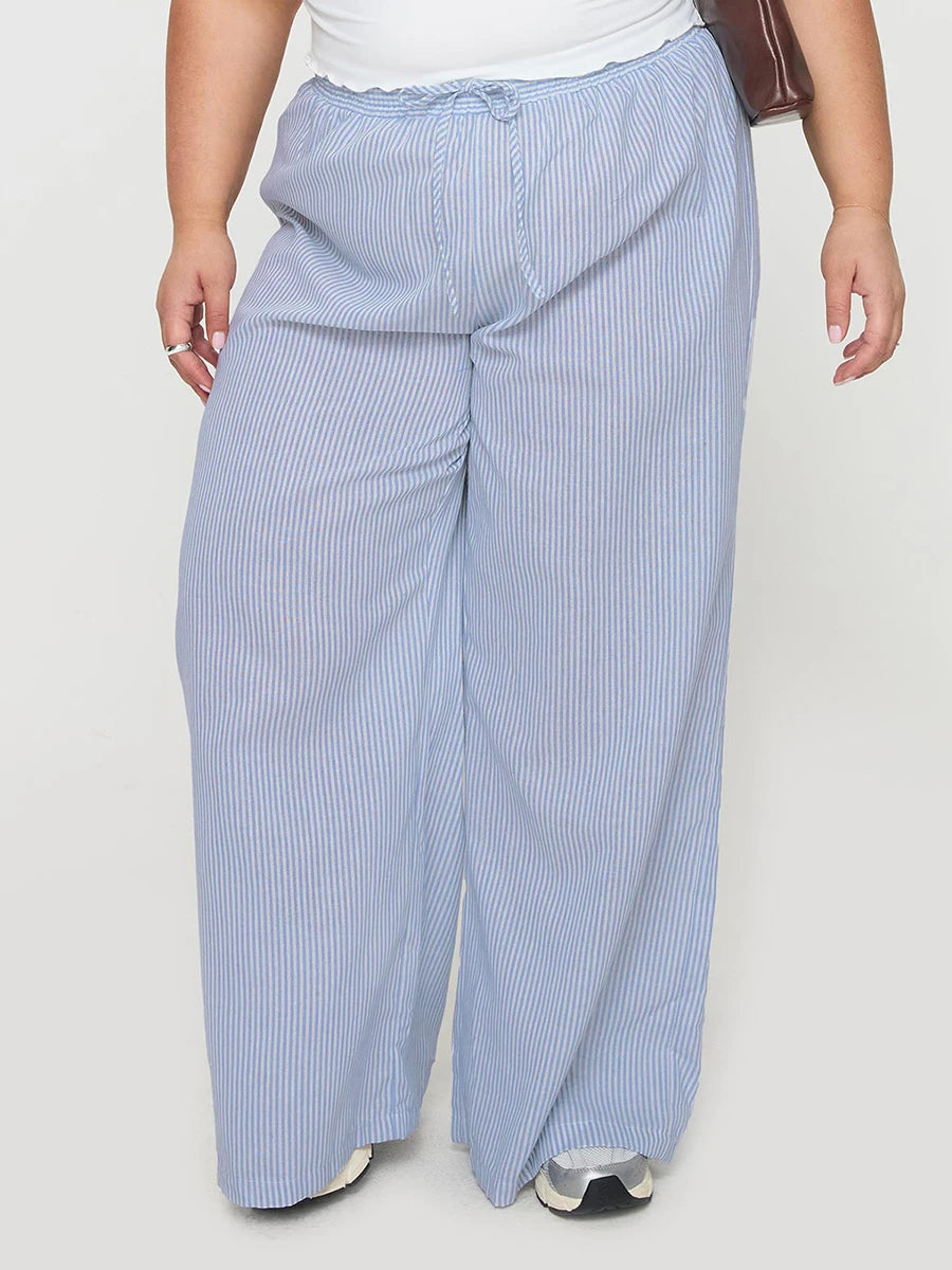 Women Plus Size Pants Solid Color High Waist Wide Leg Trousers Spring Summer Casual Loose Fit  Bottoms with Pockets