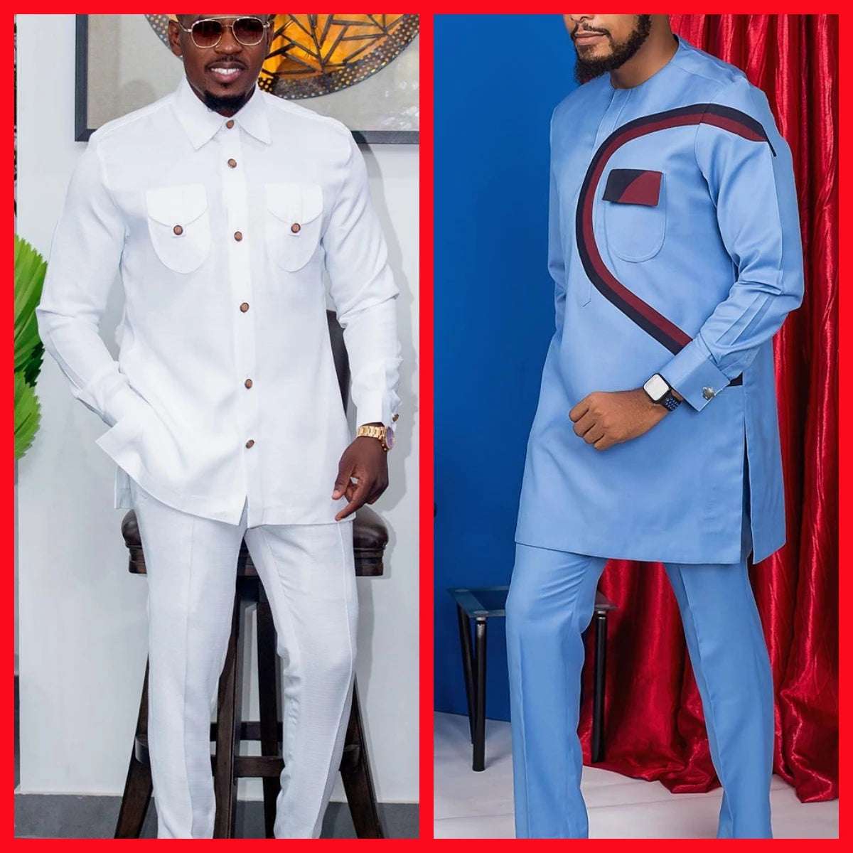 Men's  Wedding 2-Piece Suit Waist Pants Shirt Solid Color Panel Long Sleeve Party African Ethnic Style Clothing
