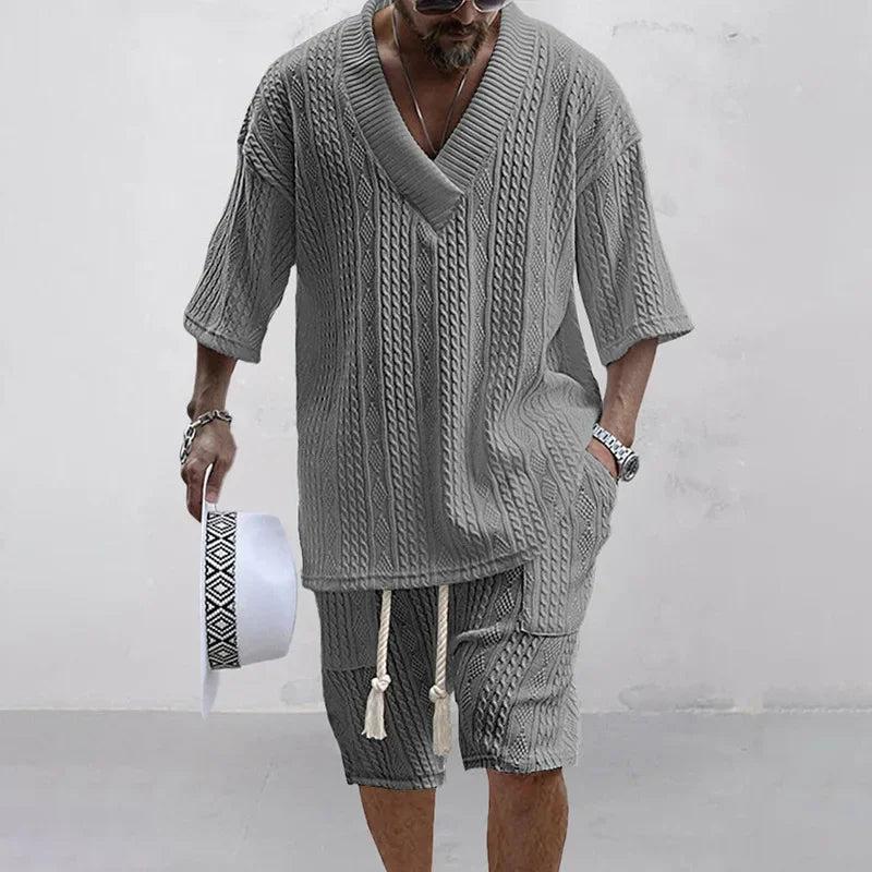 Spring and Summer Casual Shorts Set Knitted Two Piece Men's V-neck Short Sleeve T-shirt and Shorts Street Wear Knitted Set