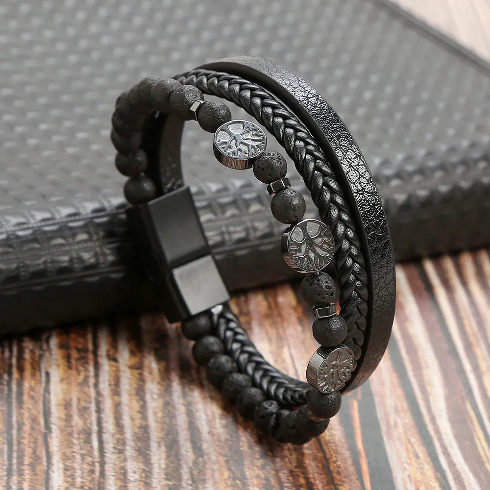 Hot Fashion Beads Leather Bracelet Men Classic Tiger Eye Beaded Multi Layer Leather Bracelet For Men Jewelry