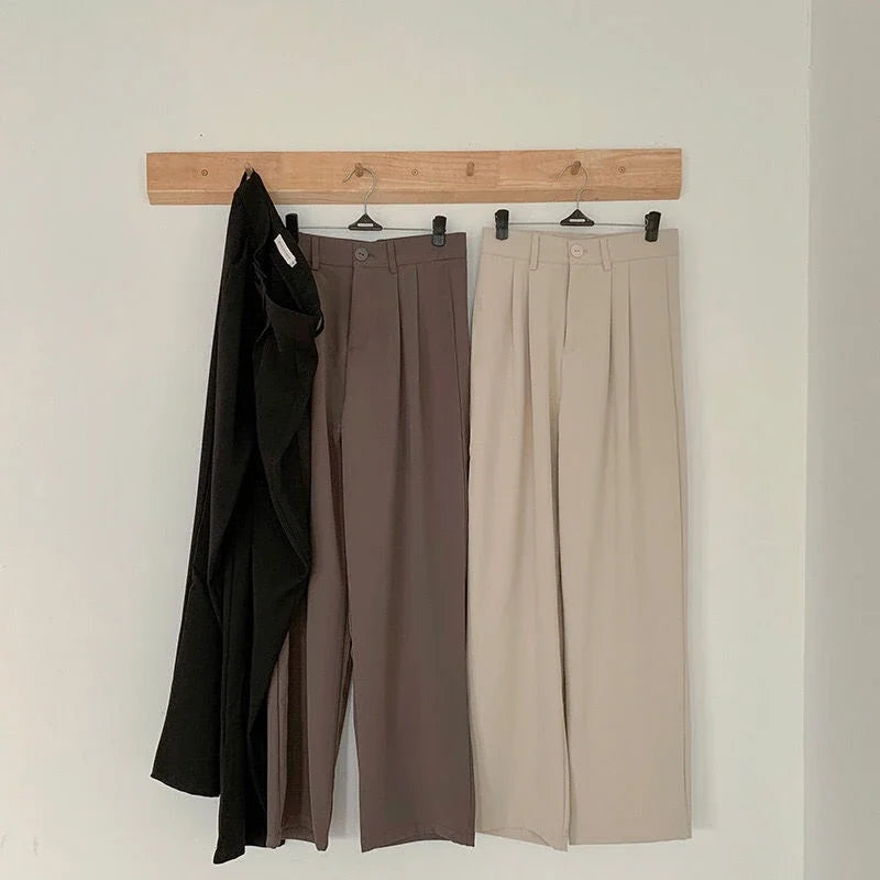 High Waist Women Suit Pants Fall Straight Office Fashion Trousers Casual Button Loose Female Pants