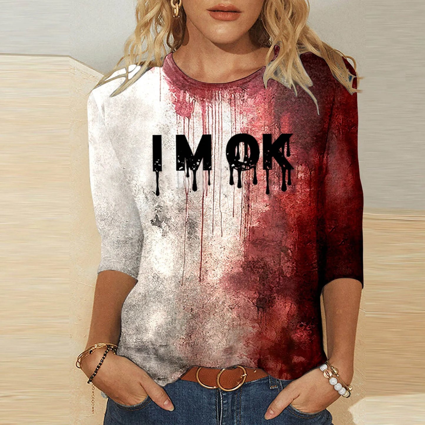 Bloody Fonts T-Shirt Halloween Ladies Printed Long Sleeve Crew Neck T Shirt Top Distressed