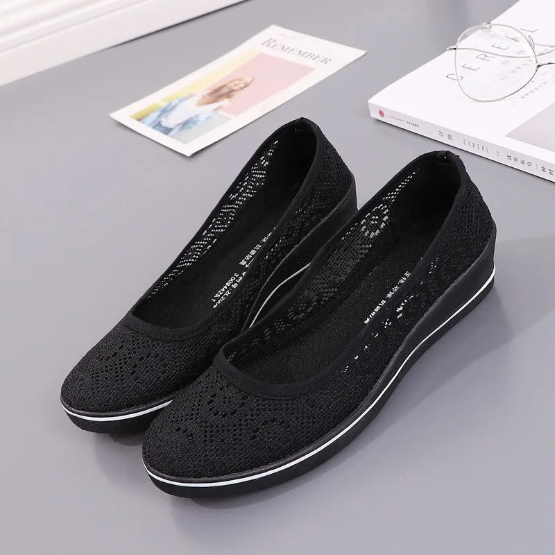 Lace Hollow Breathable Shoes Flat Mid Wedge Heel Women's Summer Beauty Shoes Size 34-41