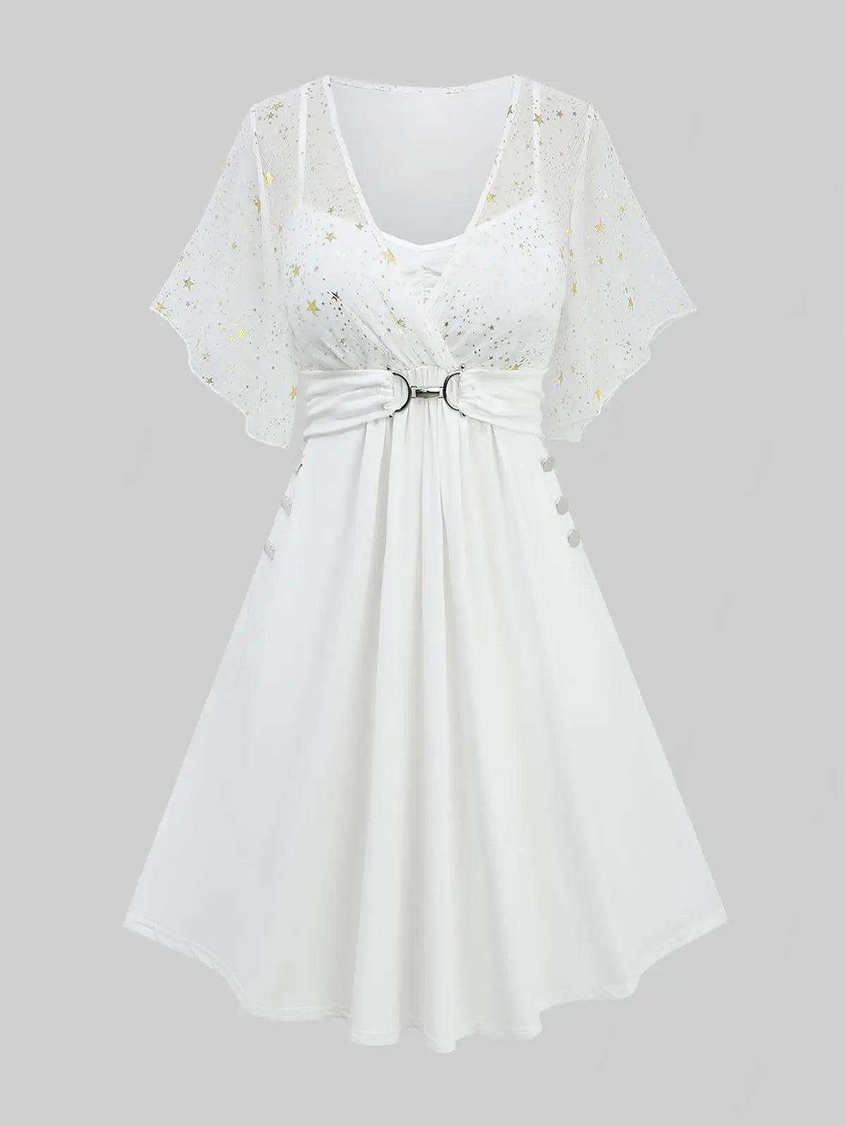 Plus Size Stars Print Buckle Button Pockets Ruched Butterfly Sleeves Dress Women Casual V-neck Collar Dresses