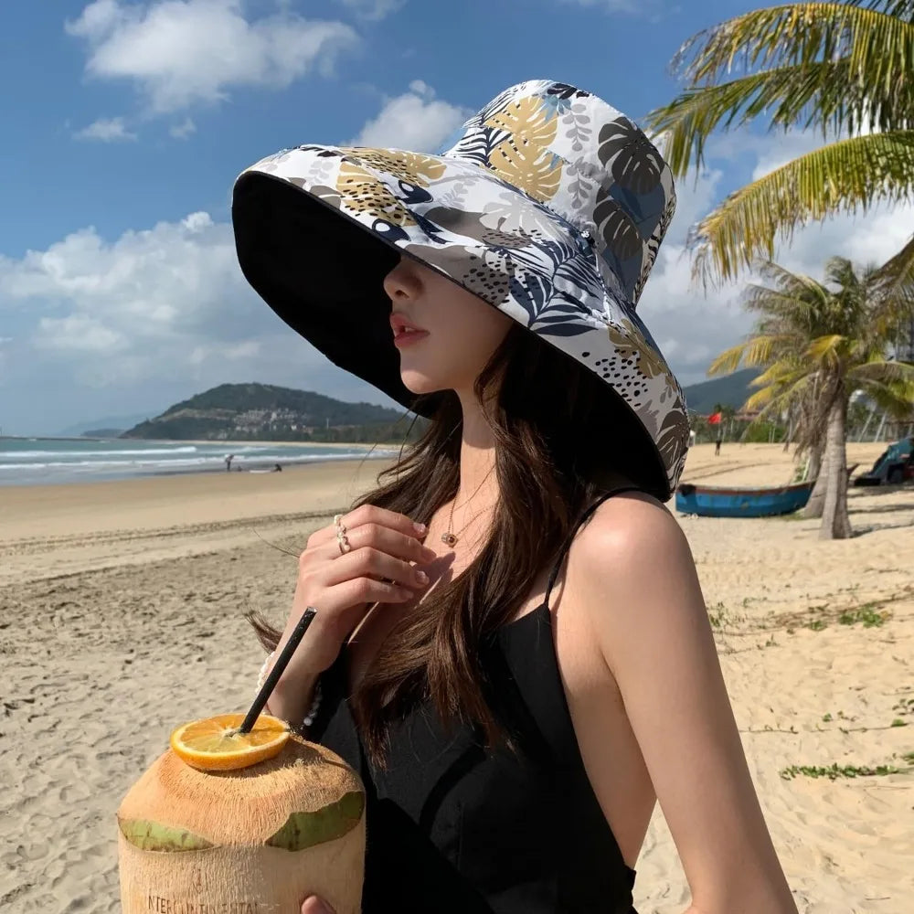 Women Wide Brim Summer Sun Hat Wired Edge Beach Bucket Fishing Hats Reversible Foldable Travel UV Protection