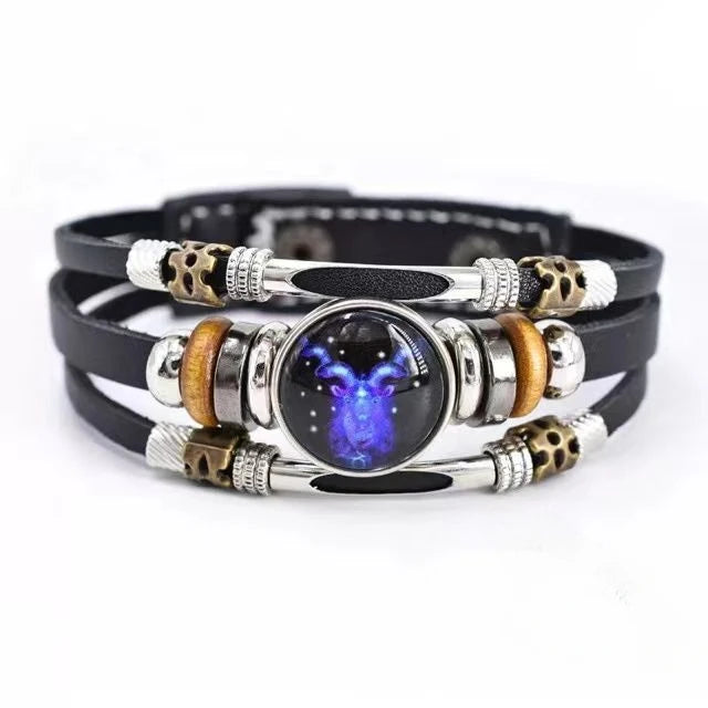 Twelve Constellations Luminous Leather Bracelet Retro Multi-layer Beaded Leather Bracelet Jewelry