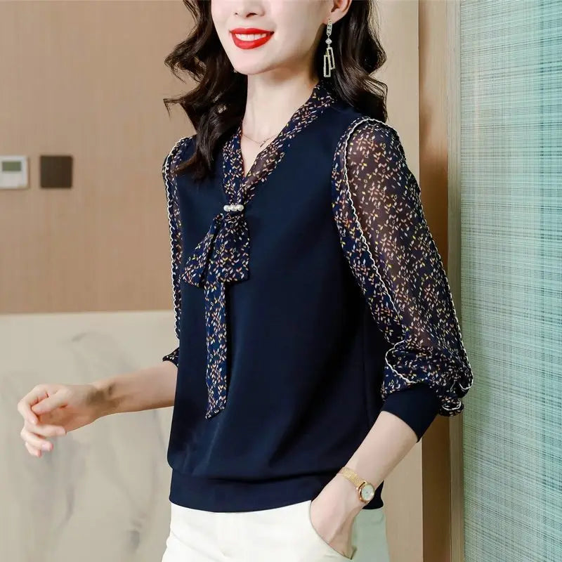 Bow Print Knitted Patchwork  Office  Chic Shirt V Neck Long Sleeve