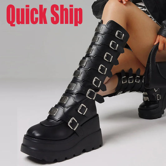 Punk Goth  Knee High Boots Round Toe Multi Metal Buckle Zipper Motorcycle Boots