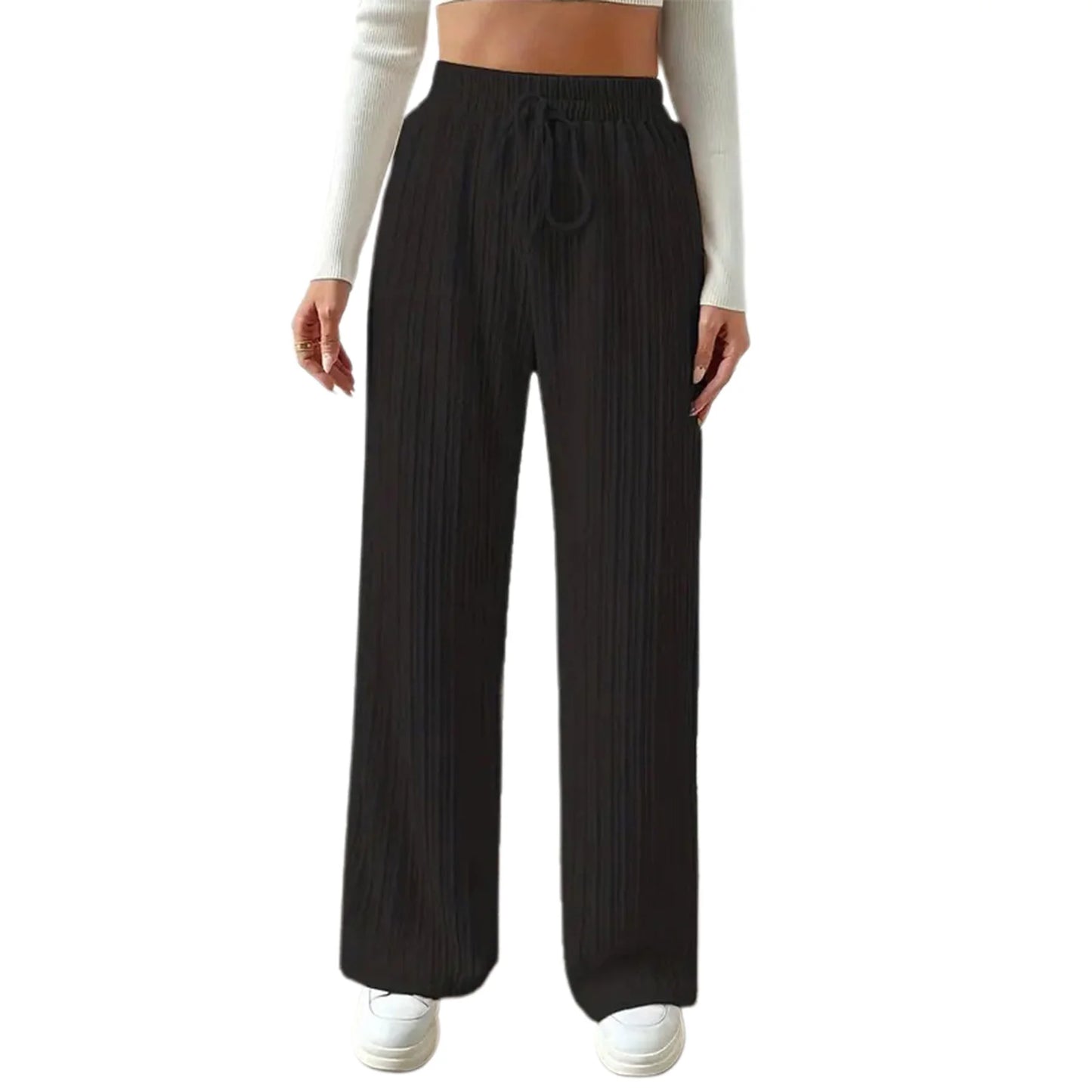 Elegant Ribbed Knit Palazzo Pants with Chic Drawstring High Waistband Comfy Wide Leg Trousers for Women s Casual Wear