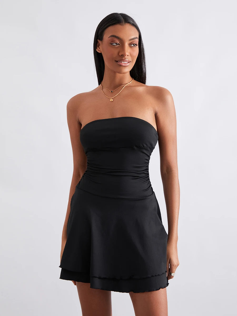 Strapless Mini Dress with Ruched Detailing and A-Line Silhouette Perfect for Summer Parties and Beach Wear