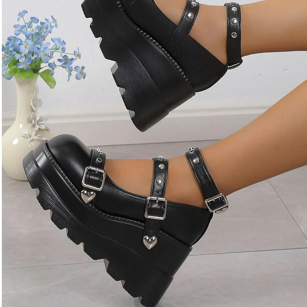 Retro Round Toe Heel Studded Punk Mary Jane