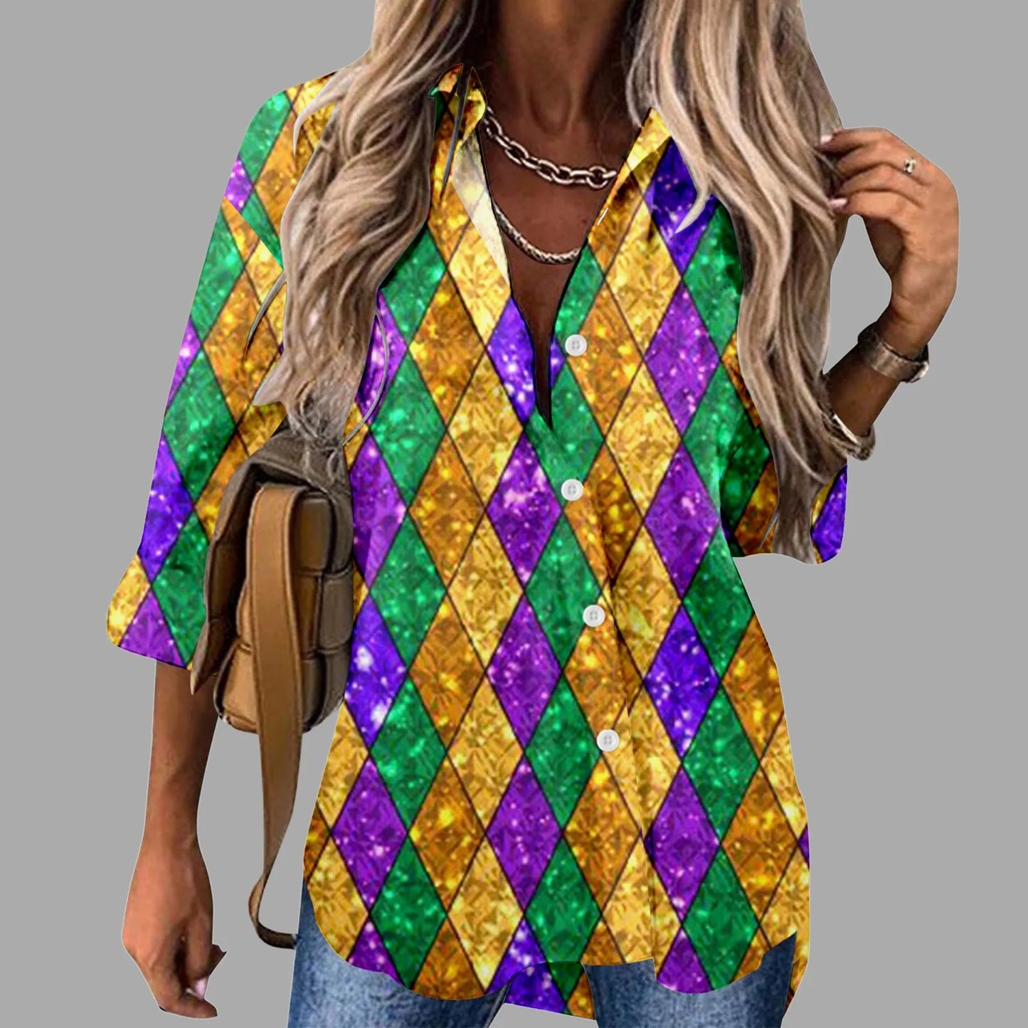 Mardi Gras Women V Neck Shirts Button Long Sleeve Carnival Print Tops Female Blouses Loose