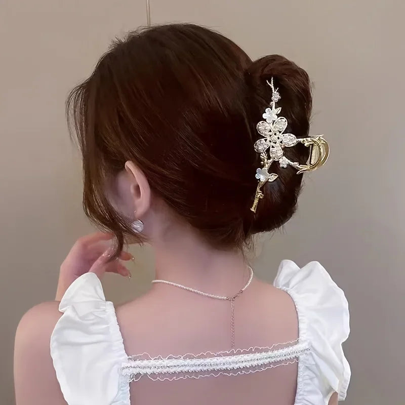 Branches Rhinestone Flowers Large Grab Clip Delicate Hair Clip High-end Luxury Back of the Head Coiled Hair Headdresses