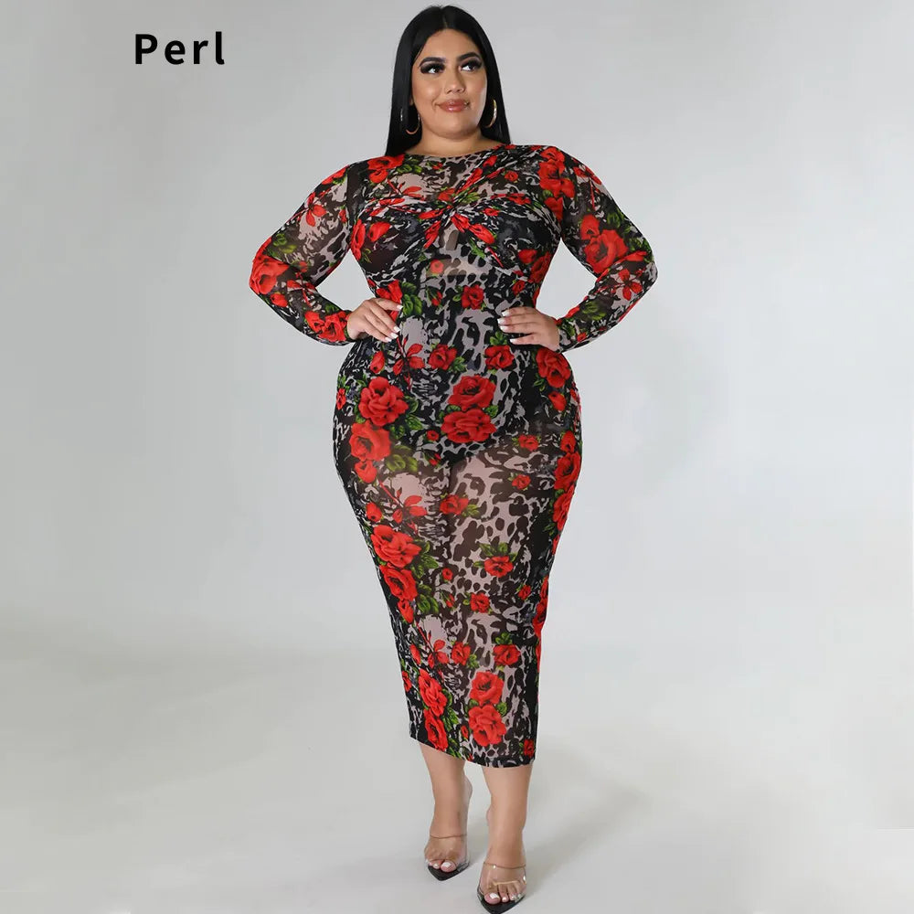 Round Neck Stretch Perspective Hip Dress Printed Long Dress Plus Size Outfit for Women