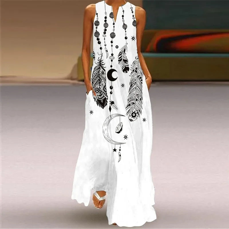 6 Patterns to choose from Sleeveless Exaggerated Large Print Dress Women Casual Vest Maxi Dresses Summer Bohemian Seaside Dress