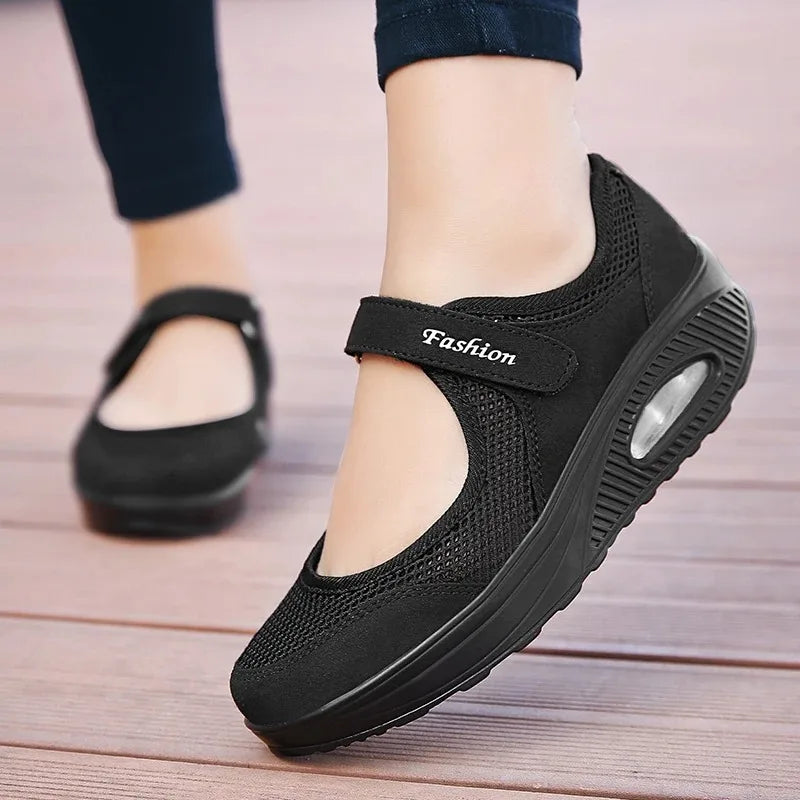 Lightweight Mary Janes Air Cushion Running Sport Shoes Breathable Quick Dry Velcro Soft Flat Shoes