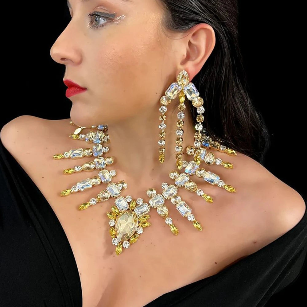 Large Bling Yellow Rhinestone Necklace  Boho  Accessories Crystal Necklace Collar