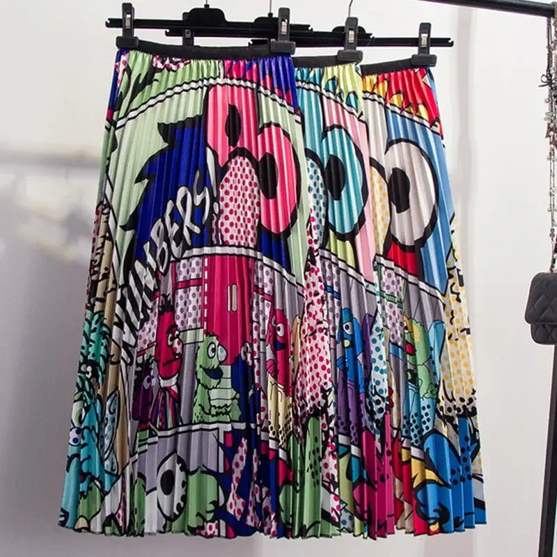 Cartoon Print Pleated  Long Skirt High Waist A-Line