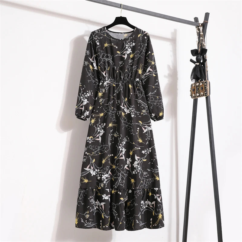 Spring Summer Women Maxi Dresses Casual Full Sleeve Floral Printed O-neck Woman Boho Beach Party Long Dress