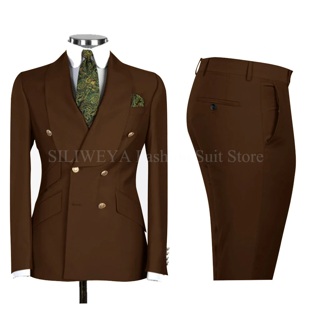 Gold Men Business Casual Men's Suits Jacket Pants Set Male Blazer Coat Pants 2PCS Slim Fit Suits