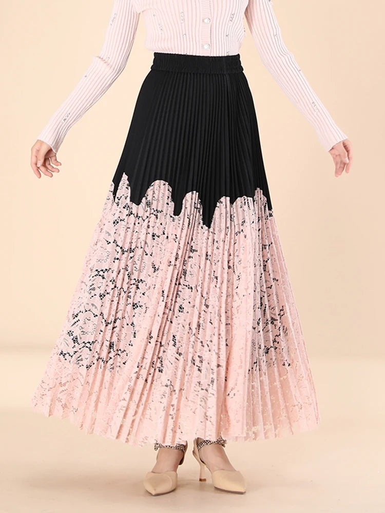Lace Spliced Printing Pleated High Waist Loose Causal Colorblock Skirt