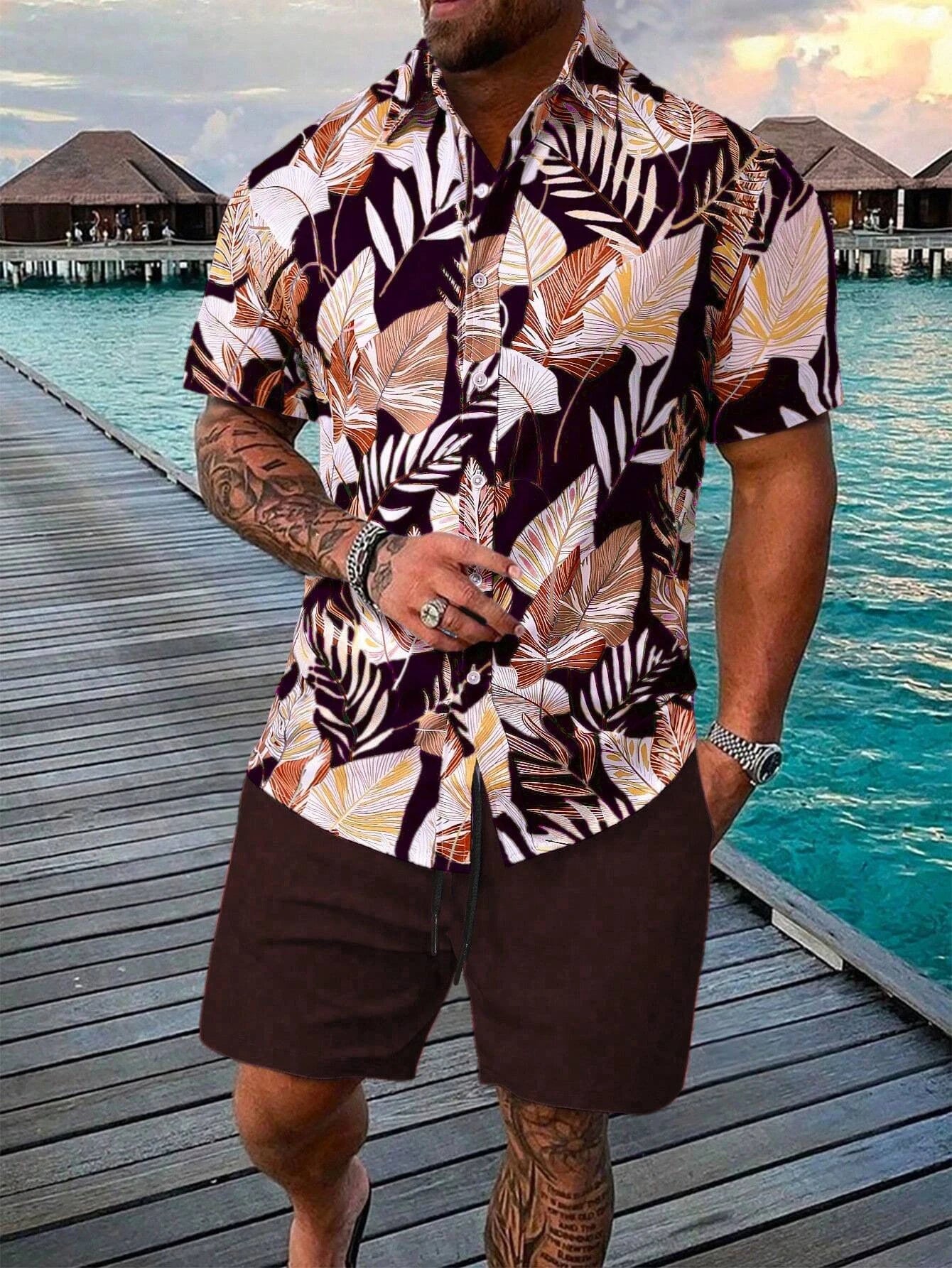 Summer Palm Tree 3D Print Men Shirts Beach Shorts Sets Hawaiian Short Sleeve Shirt Shorts 2 PCS  Hawaiian Suits Street Clothes