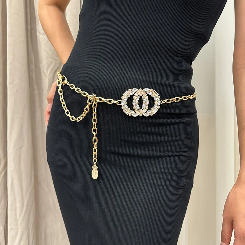 Designer Rhinestone Gold Circle Waist Chain Belt Female High-end Luxury Brands  Belts For Women Silver Waistband
