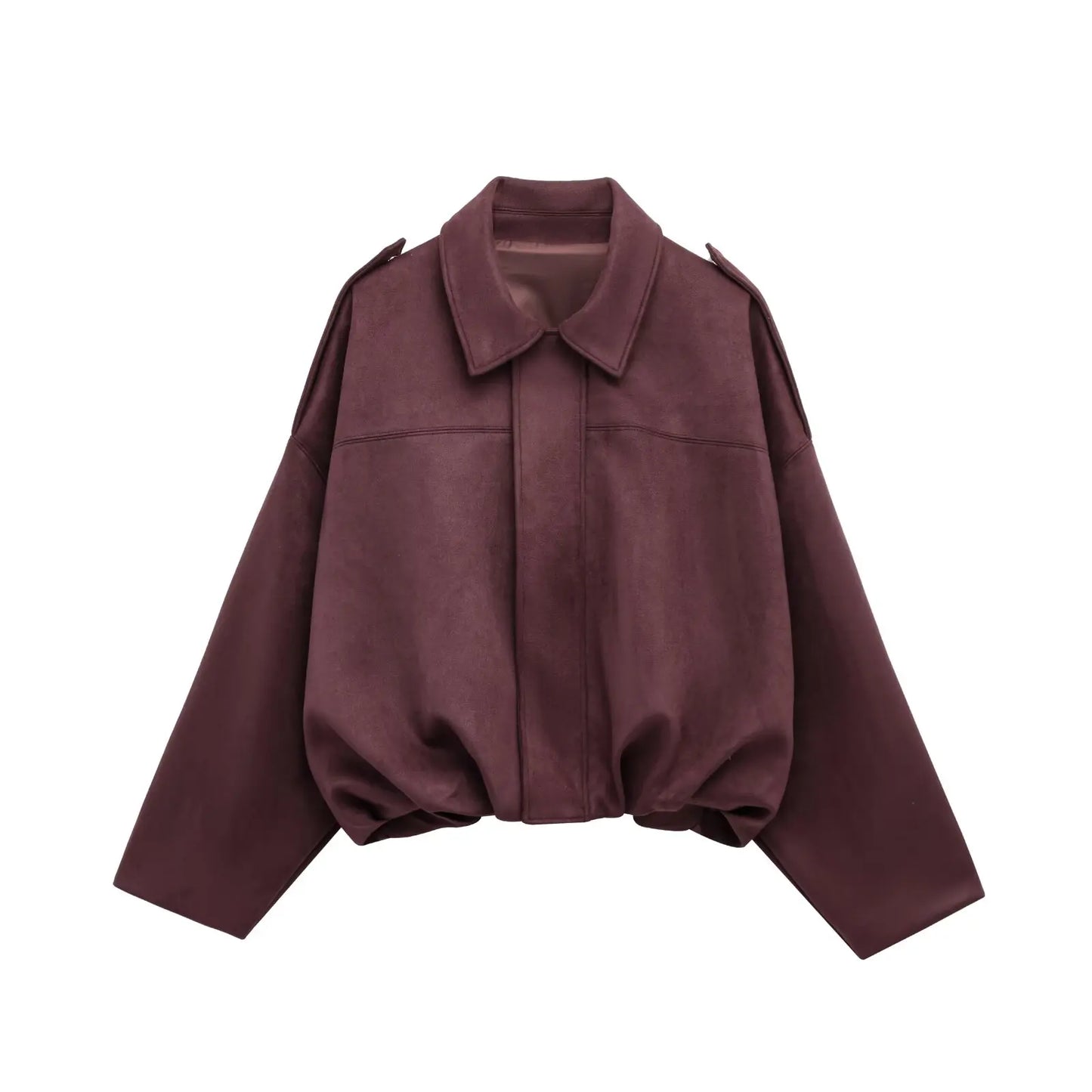 Women Faux Suede Collared Jacket with Shoulder Straps Loose Fit Stylish Olive Green