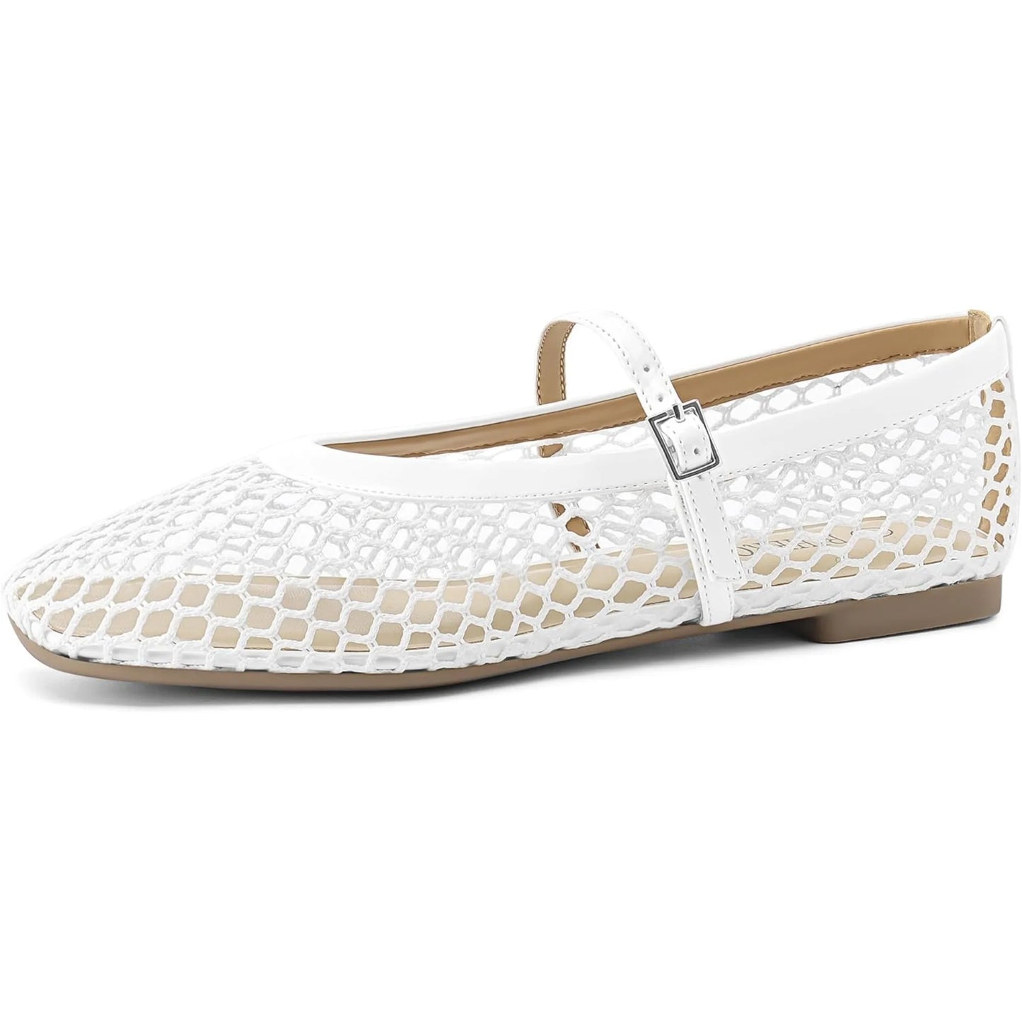 Mesh Ballet Flats for Women Comfortable Square Toe Ballerina Flats Buckle Strap Casual Fishnet Flat Shoes