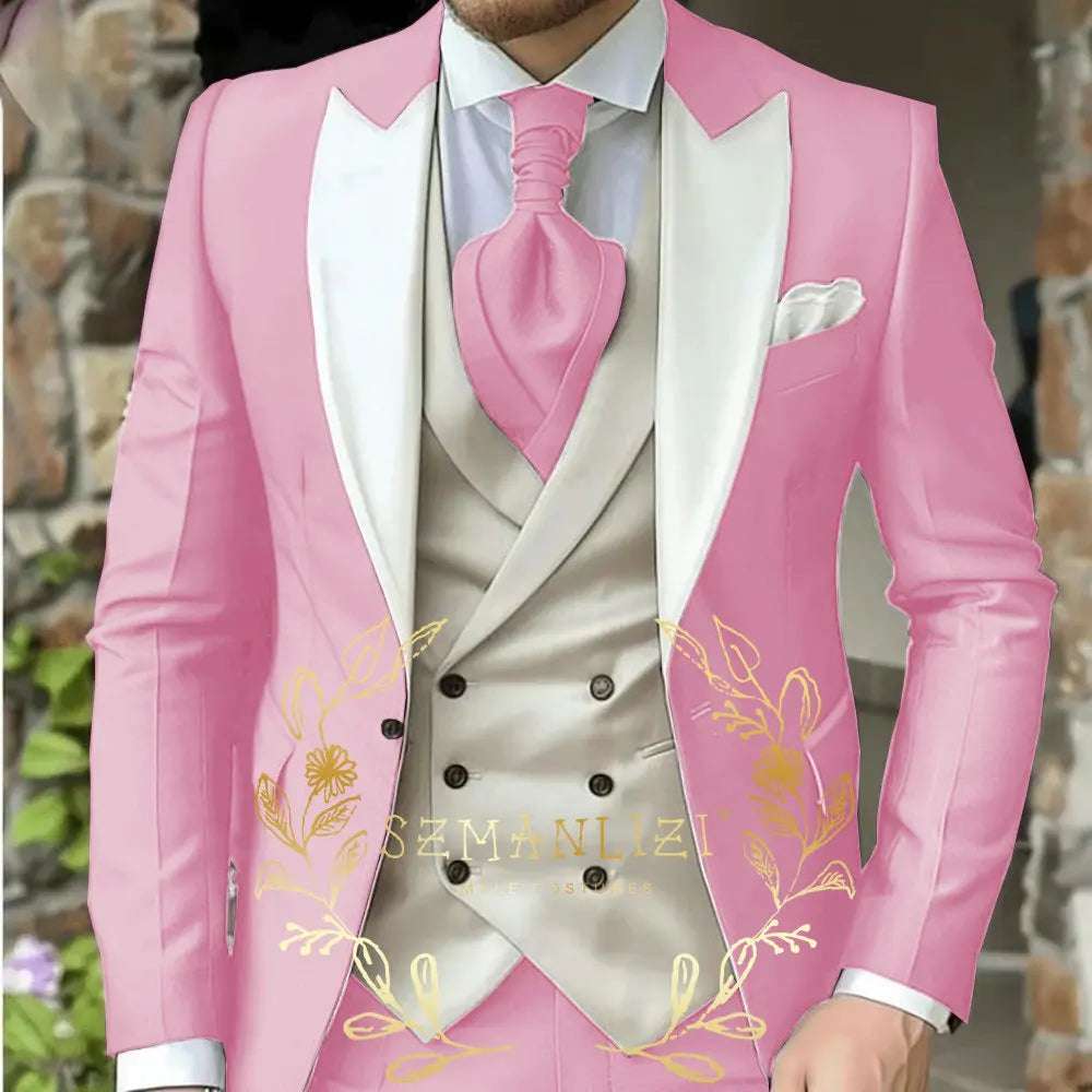 Classic Men's Suit 3 Piece Tuxedo Peaked Lapel Groomsmen Wedding Suits Set Fashion Men Business Blazer Pants Vest