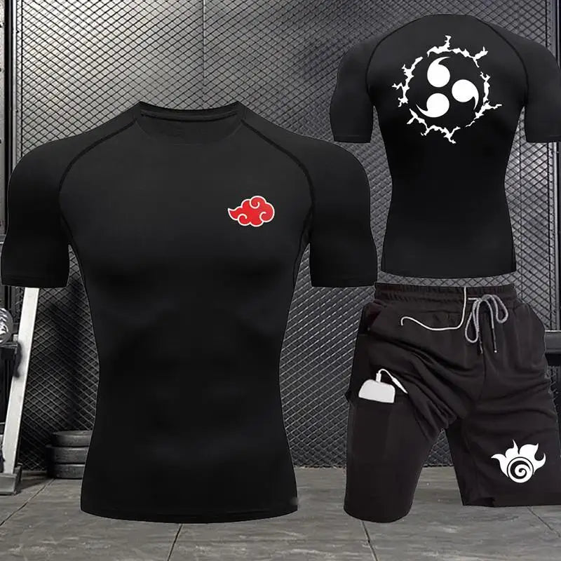 Jogging Breathable Compression Sportswear Summer Men's Training Two-piece Tight T-shirt Fitness Shorts Gym Workout Set S-3xl
