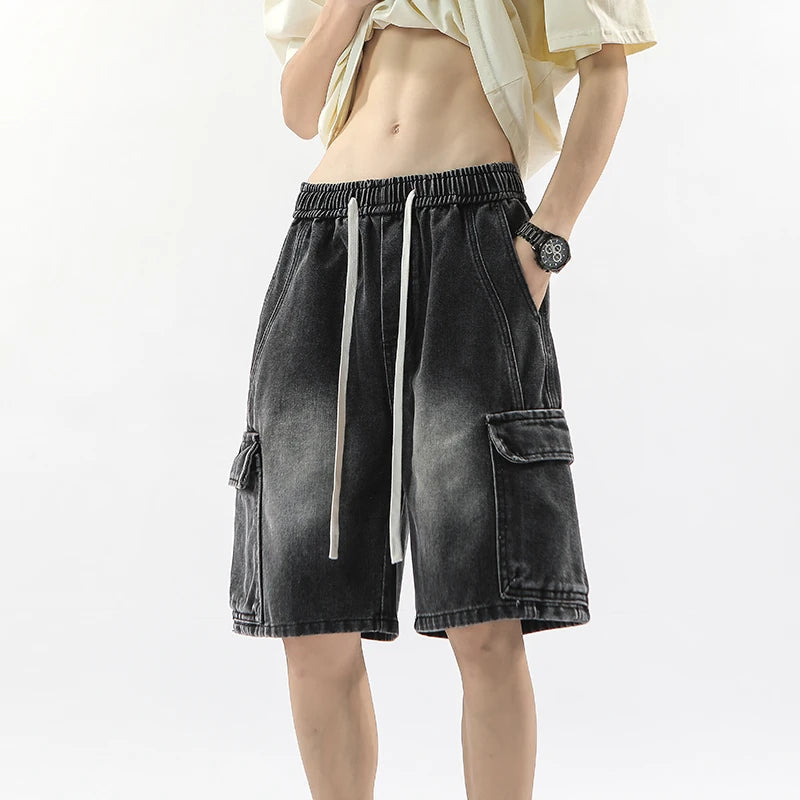 Summer Workwear Denim Shorts Street  Loose Straight Shorts Stretch Waist Casual Jogging Outdoor Five-Cubic Pants