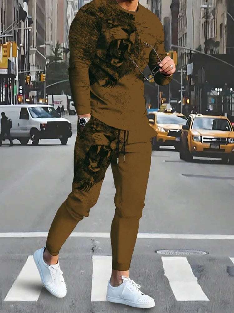 Simple Geometric Print Men's Fall Fashion Casual Crew-neck Tops And Pants Urban Street Fashion Trends Men's Tops And Long Styles