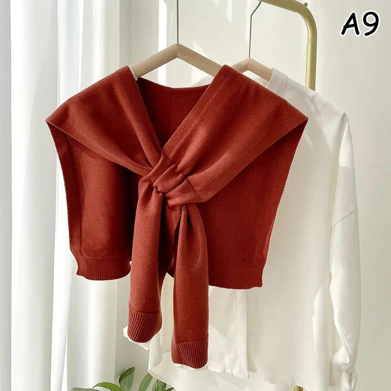 Neck Guard Scarf Solid Color Woman's Knitted Warm Shawl Winter Wool  Shoulders Fake Collar Cape Knotted Scarf