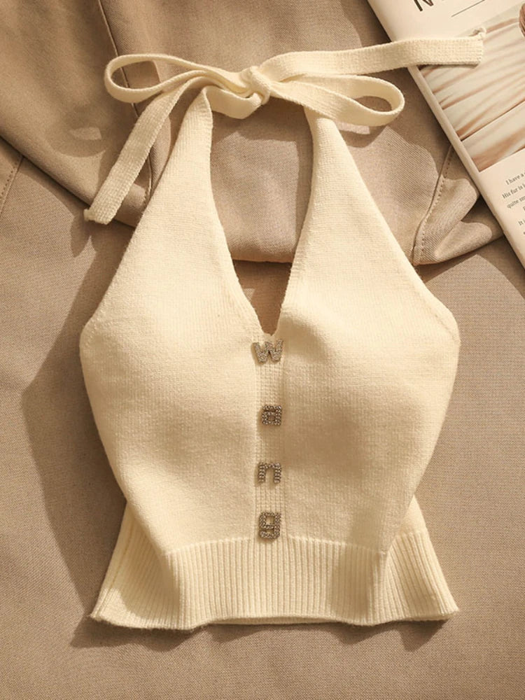Sexy Cross Vest Crop Tops Women Sports T-shirt Knitted Off Shoulder V-Neck Solid Backless Tank Vest Halter  Top Camisole