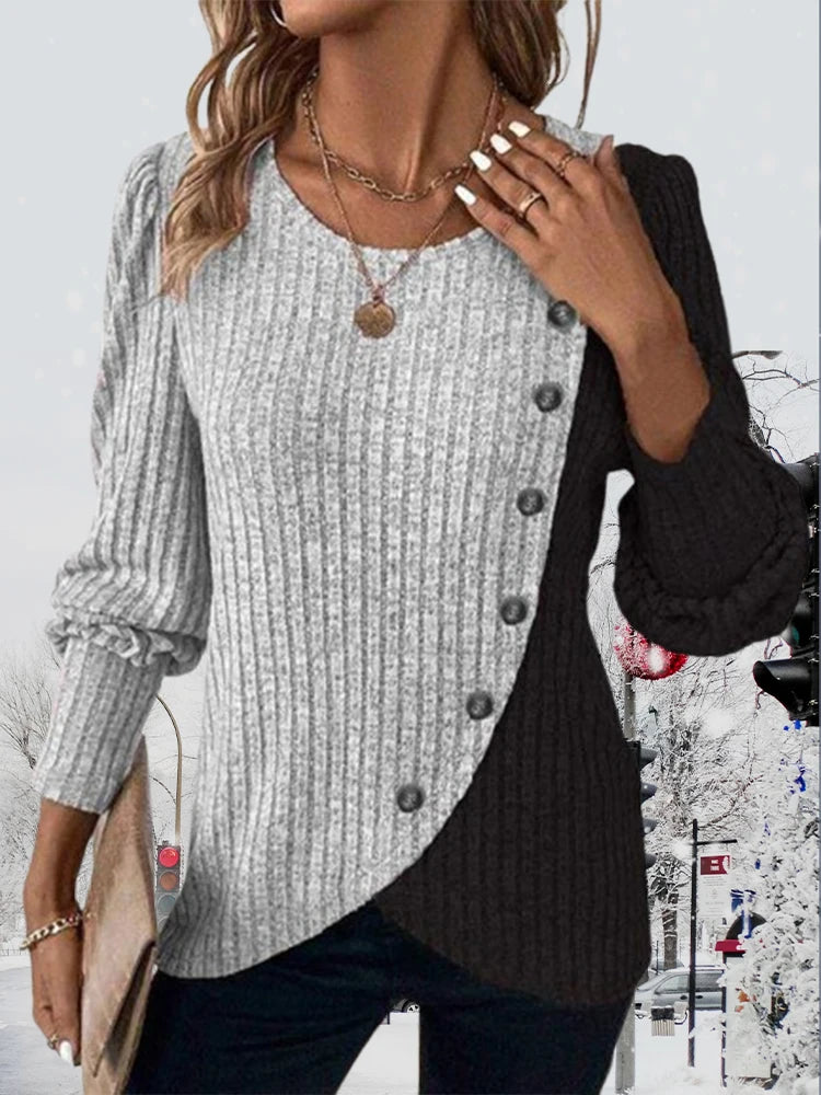 Long Sleeve Buttons Pit Striped Women Sweaters Contrast Color O-Neck Pullovers Loose Simple Knitted Clothing