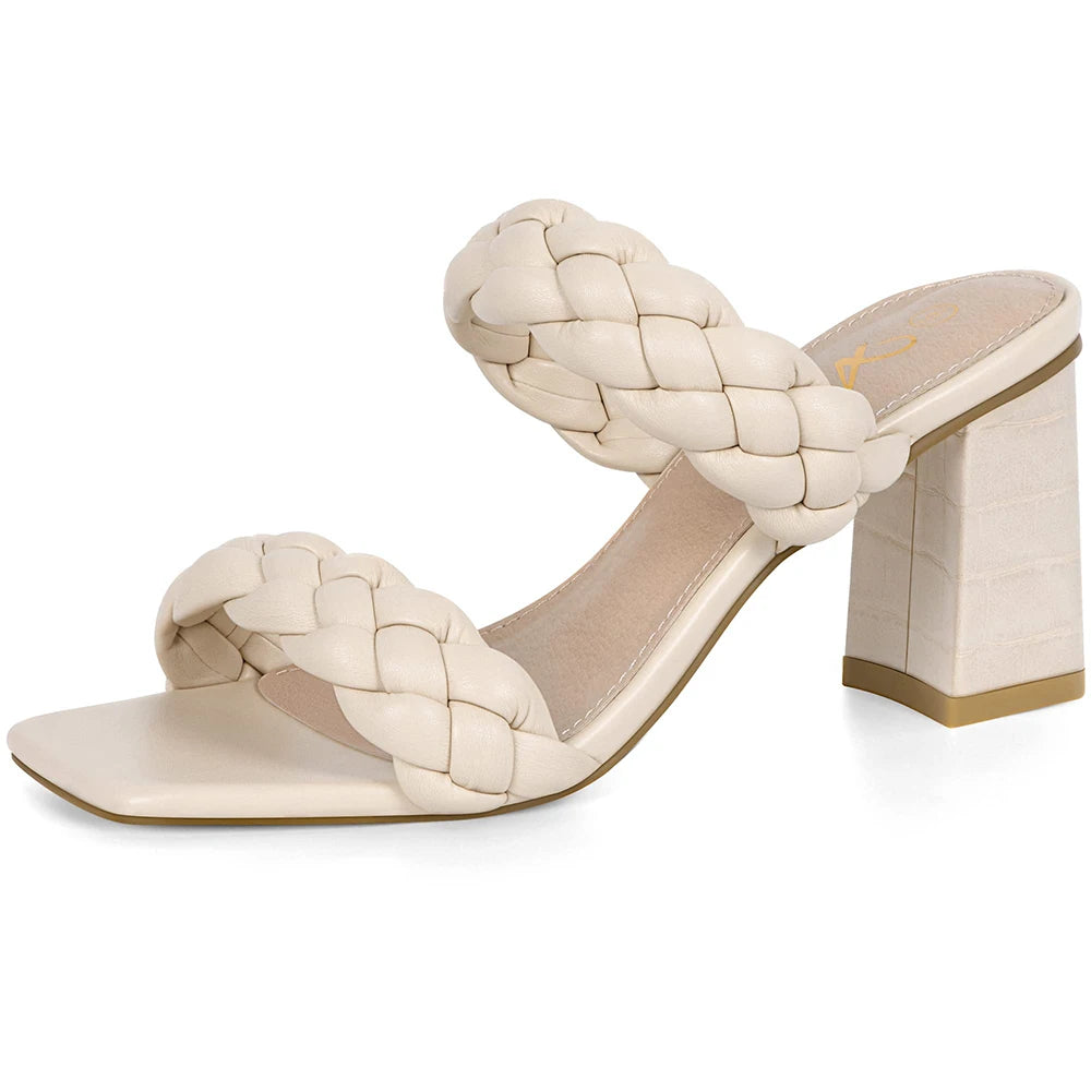 Elegant Braided Heels Fashion Strappy Square Sandals Open Toe Backless Mules Slip On Block Heeled Shoes
