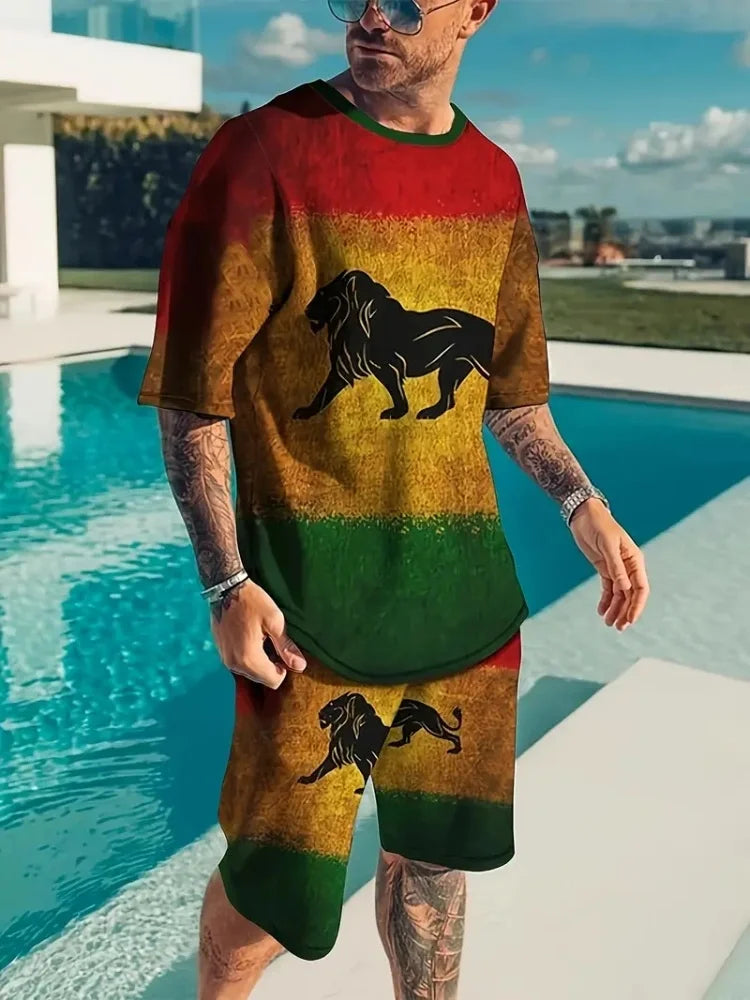 Hip Hop Style Personality Cartoon 3D Printed Men's Round Neck Short Sleeve 2 piece Fashionable Street Sports All-match Men's Suit