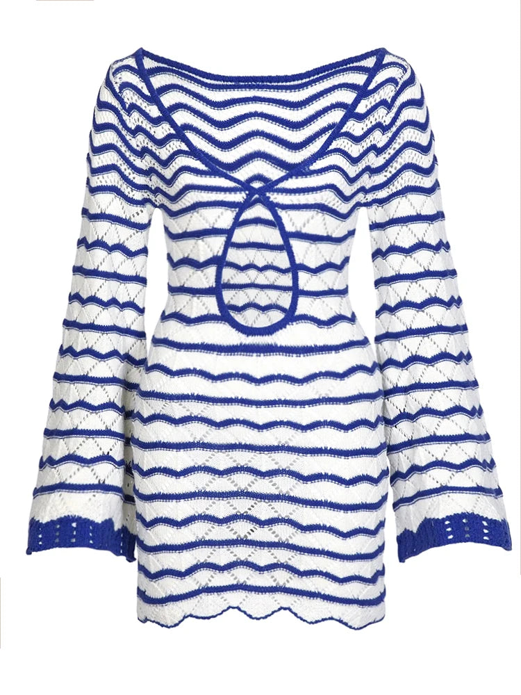 Sexy Boho Striped Chic V-neck Cut Out Bell Sleeve Knit Beach Mini Dress Women Seaside Swimsuit Cover Up