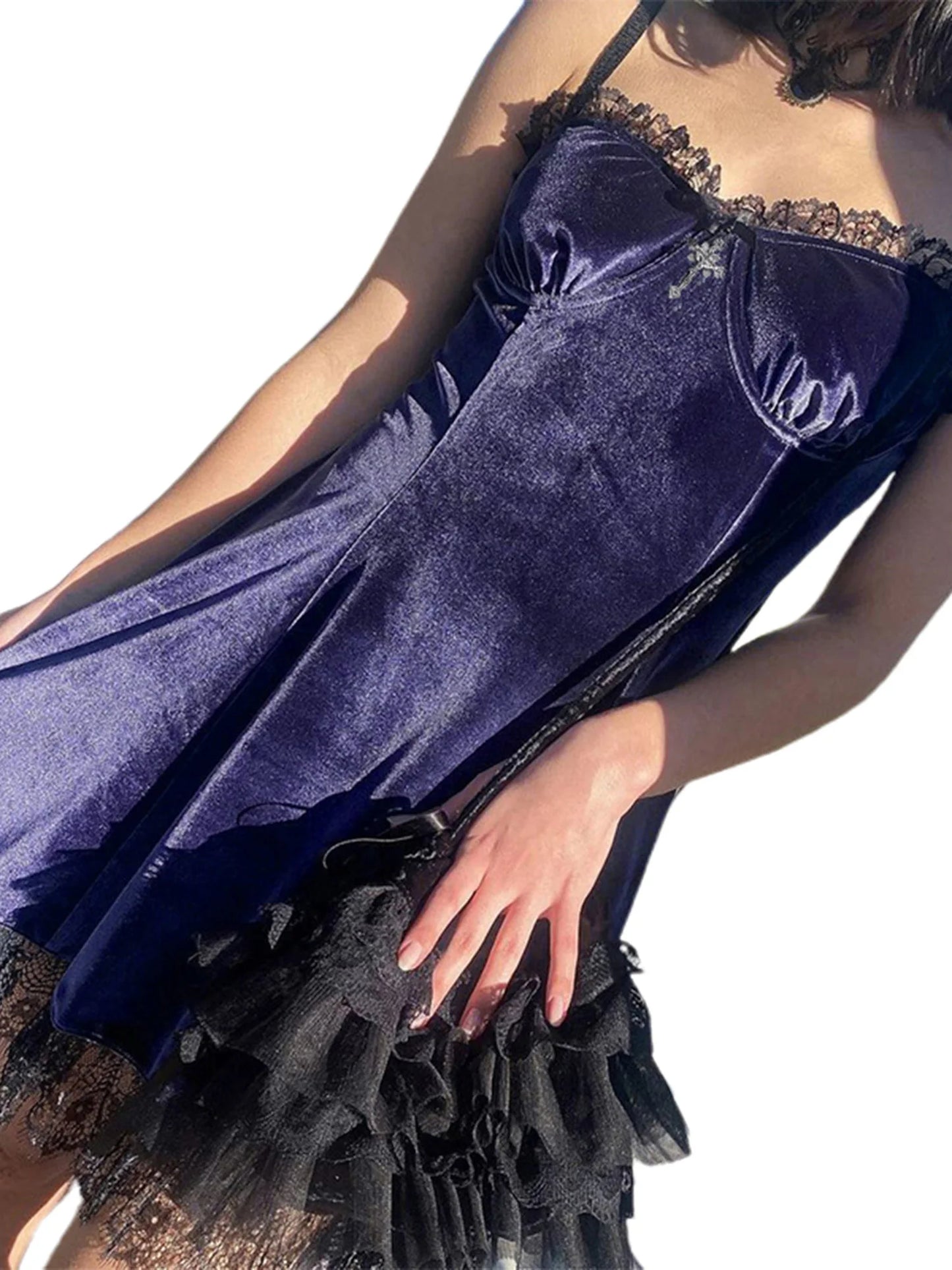 Velvet  Dress with Ruffles and Lace Trim  Spaghetti Strap V-Neck Gown with Bow Detail