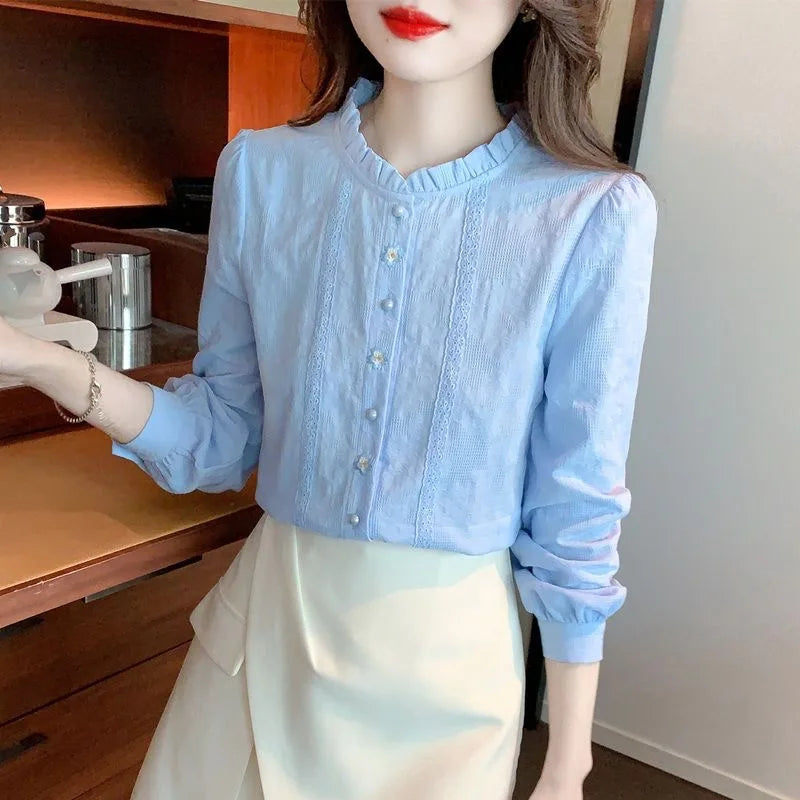 Embroidery Women's Spring Autumn Blouses Lady Casual Long Sleeve Stand Collar Solid Color