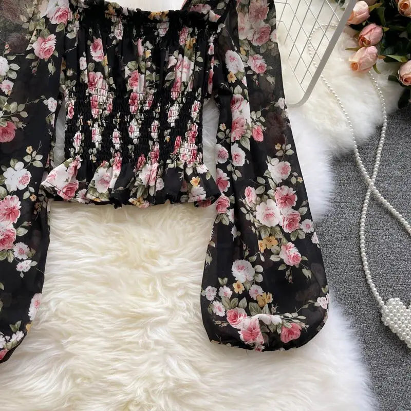 Elegant Floral Printed Chiffon Square Collar Slim  Lantern Sleeve Blouse