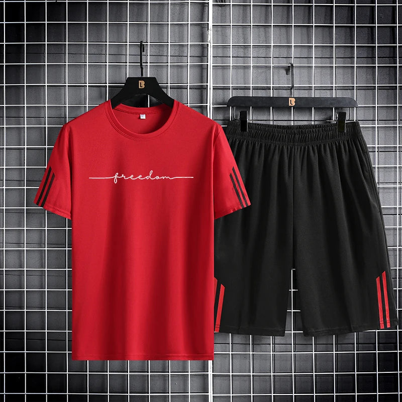 【 M-5XL 】 Summer men's set quick drying breathable mesh short sleeved T-shirt and shorts two-piece running sports set