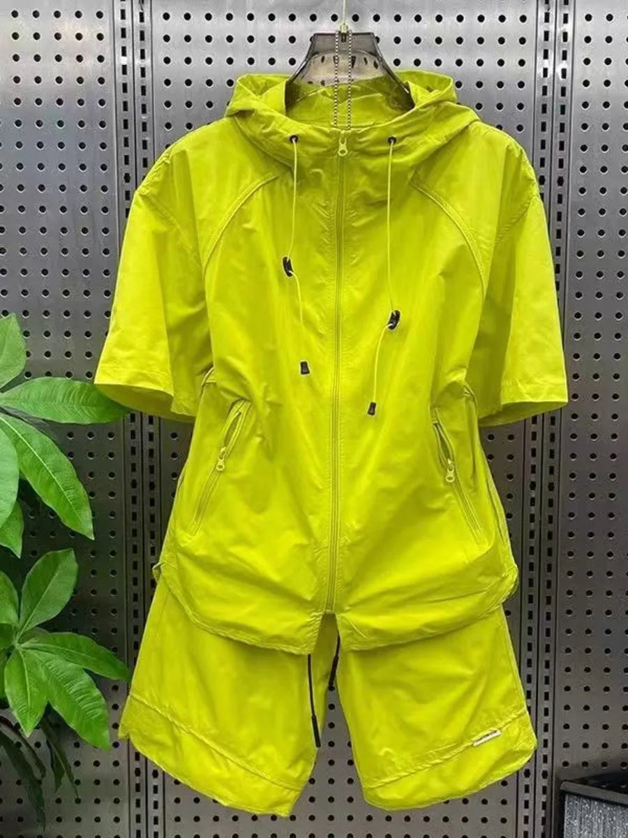 Summer Men Tracksuit Chic Hooded Quick Drying Set Short Sleeve Shorts Casual Zip Shirt  Loose Two Piece Set