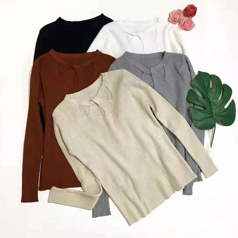 Women's O-neck Stretch Sexy Pullover Hollow Solid Color Sweater Bottoming Shirt Jumper